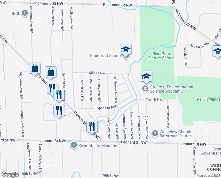 map of restaurants, bars, coffee shops, grocery stores, and more near 1481 Benning Avenue Northwest in Grand Rapids
