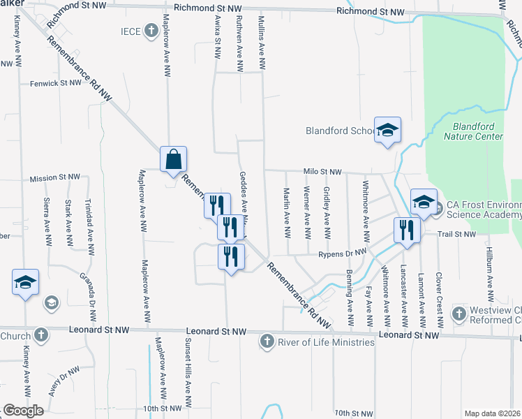 map of restaurants, bars, coffee shops, grocery stores, and more near 1472 Mullins Avenue Northwest in Grand Rapids