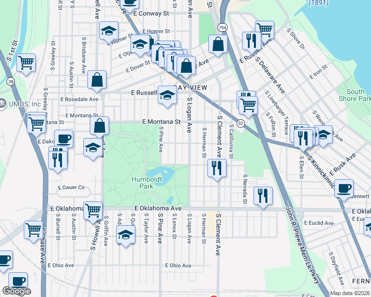 map of restaurants, bars, coffee shops, grocery stores, and more near 2933 South Logan Avenue in Milwaukee