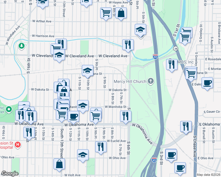 map of restaurants, bars, coffee shops, grocery stores, and more near 2916 South 9th Street in Milwaukee