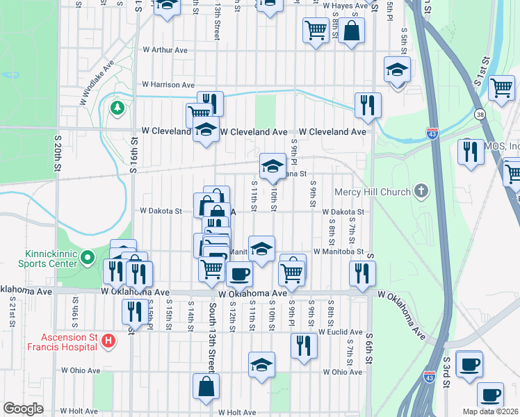 map of restaurants, bars, coffee shops, grocery stores, and more near 2917 South 10th Street in Milwaukee