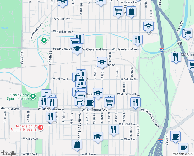 map of restaurants, bars, coffee shops, grocery stores, and more near 2917 South 10th Street in Milwaukee