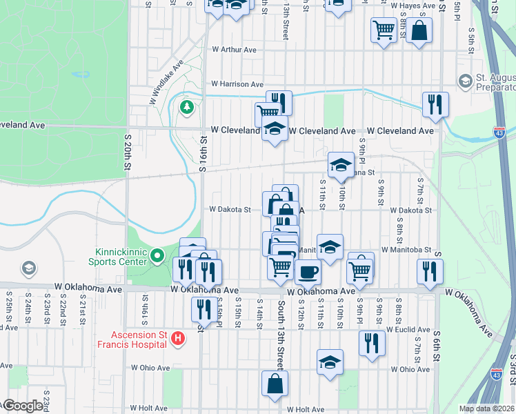 map of restaurants, bars, coffee shops, grocery stores, and more near 2920 South 14th Street in Milwaukee