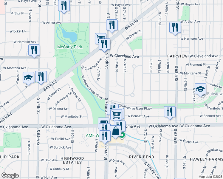 map of restaurants, bars, coffee shops, grocery stores, and more near 7501 West Dakota Street in West Allis