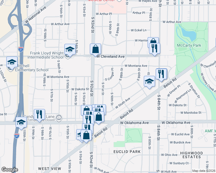 map of restaurants, bars, coffee shops, grocery stores, and more near 2921 South 90th Street in West Allis