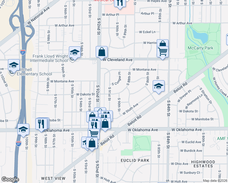 map of restaurants, bars, coffee shops, grocery stores, and more near 2921 South 90th Street in West Allis