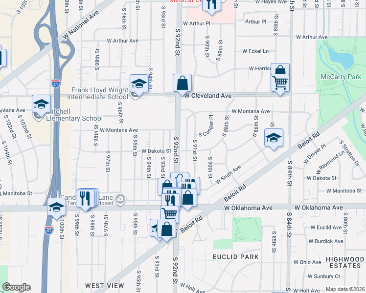 map of restaurants, bars, coffee shops, grocery stores, and more near 2915 South 92nd Street in West Allis