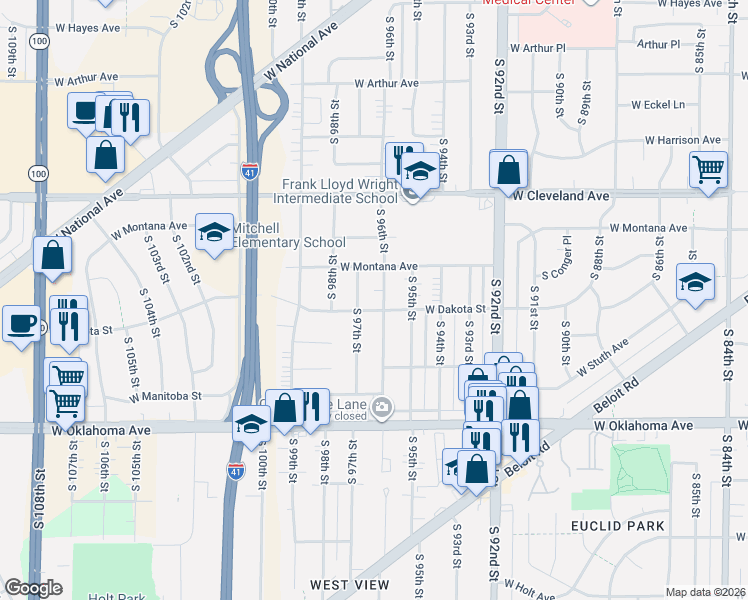 map of restaurants, bars, coffee shops, grocery stores, and more near 2906 South 96th Street in West Allis