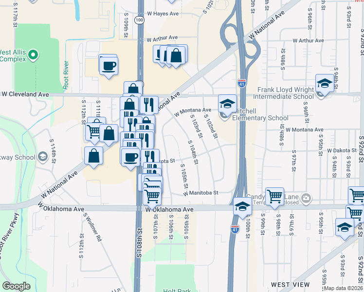 map of restaurants, bars, coffee shops, grocery stores, and more near 10520 West Dakota Street in West Allis