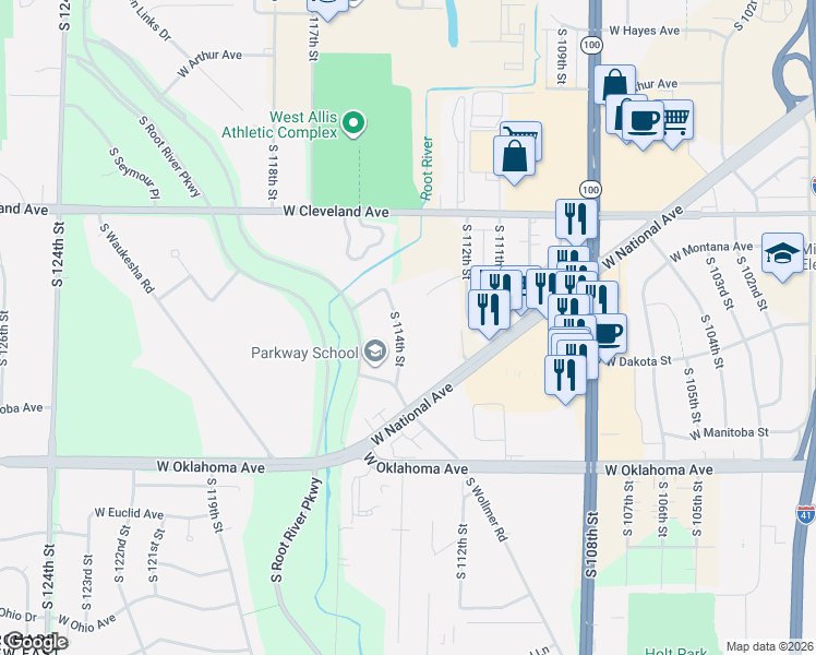 map of restaurants, bars, coffee shops, grocery stores, and more near 2908 South 114th Street in West Allis