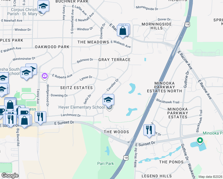 map of restaurants, bars, coffee shops, grocery stores, and more near 1115 Cavalier Drive in Waukesha