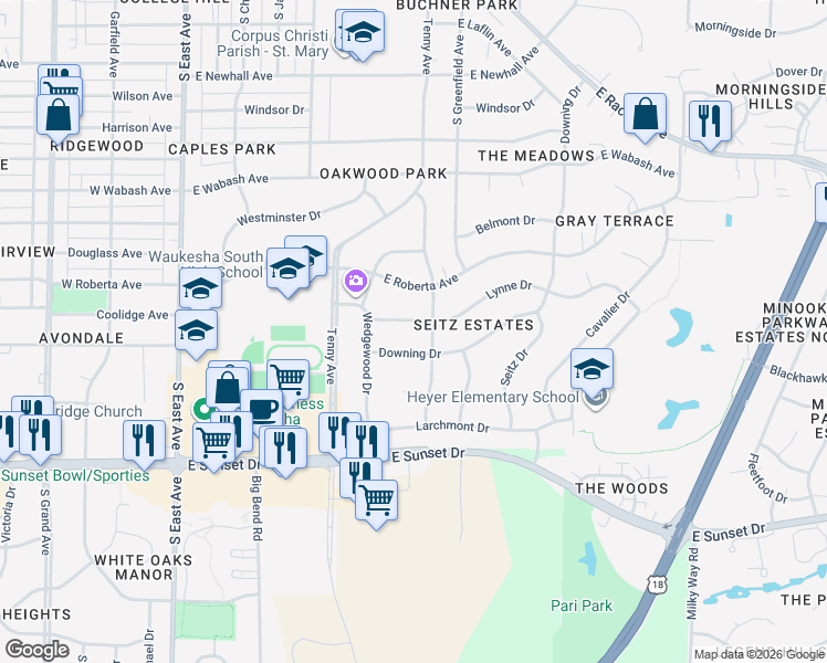 map of restaurants, bars, coffee shops, grocery stores, and more near 1208 Downing Drive in Waukesha
