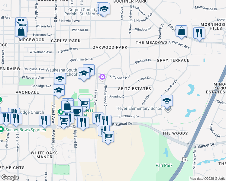 map of restaurants, bars, coffee shops, grocery stores, and more near 1208 Downing Drive in Waukesha