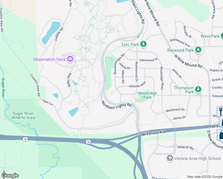 map of restaurants, bars, coffee shops, grocery stores, and more near 1013 Hillside Circle in Verona