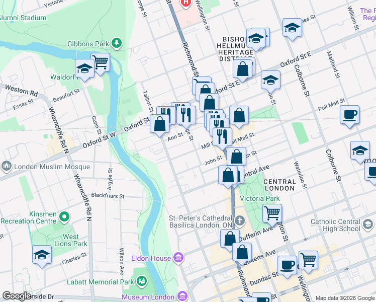 map of restaurants, bars, coffee shops, grocery stores, and more near 150 Mill Street in London