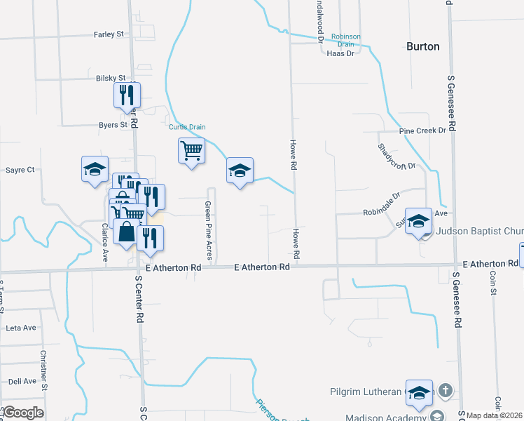 map of restaurants, bars, coffee shops, grocery stores, and more near 2446 Green Pine Acres in Burton