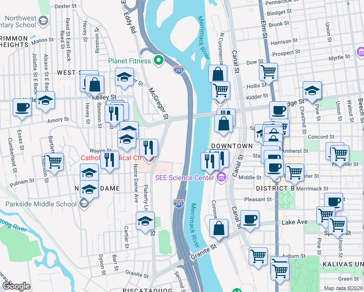 map of restaurants, bars, coffee shops, grocery stores, and more near 70 Foundry Street in Manchester