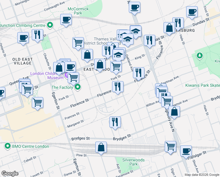 map of restaurants, bars, coffee shops, grocery stores, and more near 1176 Florence Street in London