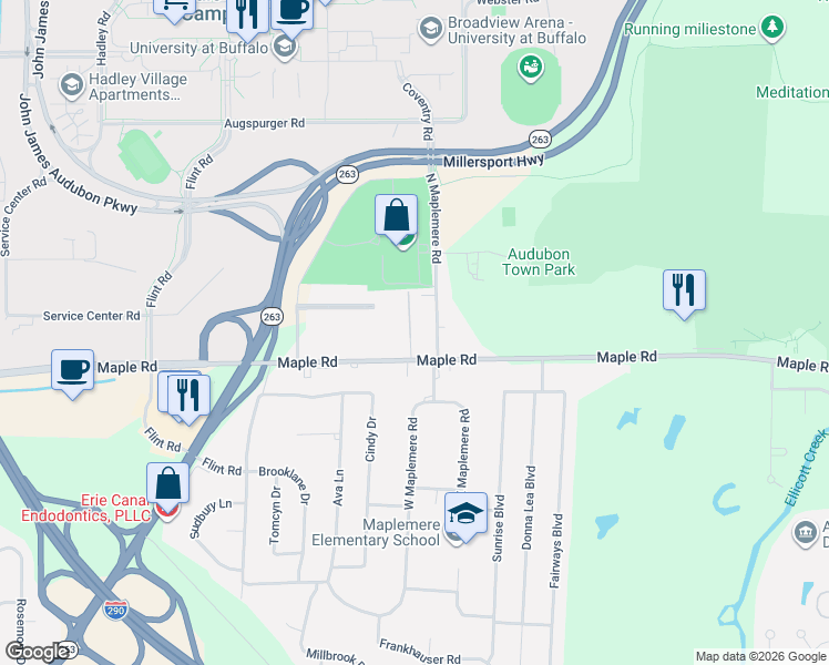 map of restaurants, bars, coffee shops, grocery stores, and more near 170 Maple Road in Buffalo