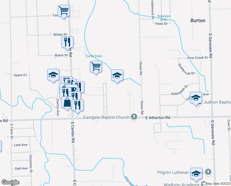 map of restaurants, bars, coffee shops, grocery stores, and more near 4171 East Atherton Road in Burton