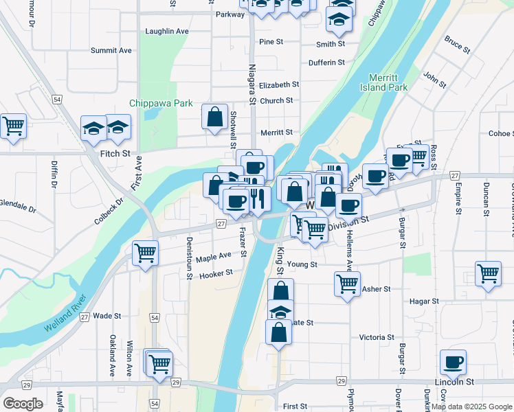 map of restaurants, bars, coffee shops, grocery stores, and more near 26 Niagara Street in Welland