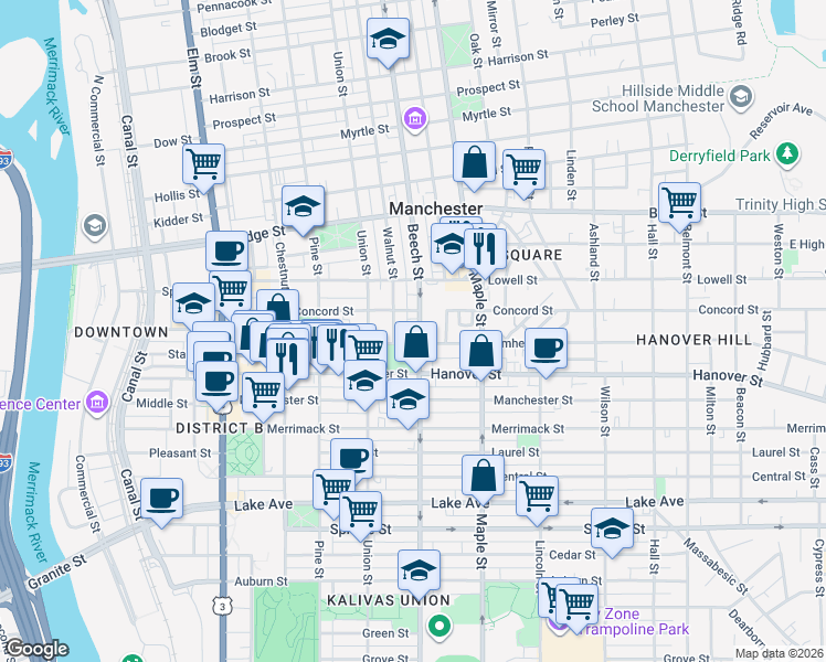 map of restaurants, bars, coffee shops, grocery stores, and more near 509 New Hampshire 28 in Manchester