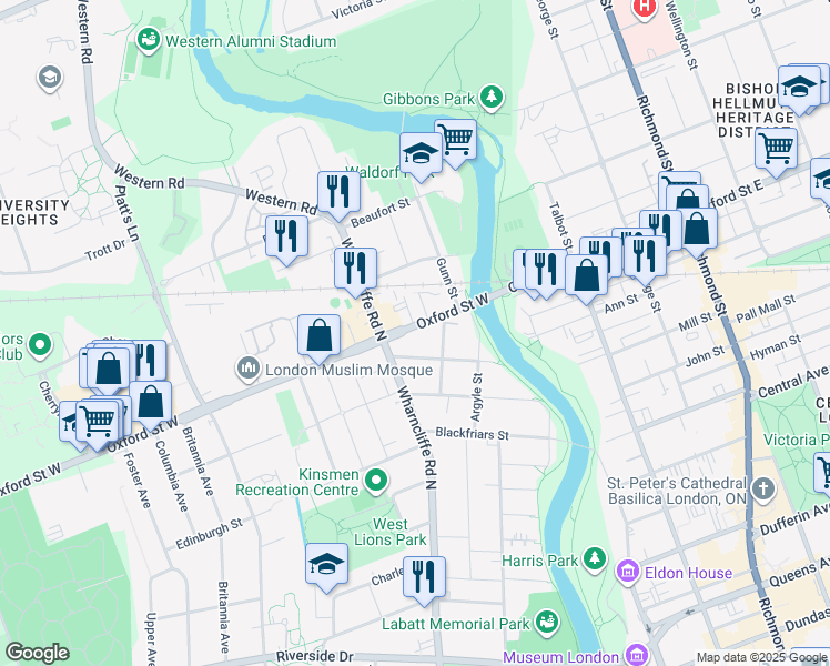 map of restaurants, bars, coffee shops, grocery stores, and more near 36 Oxford Street West in London