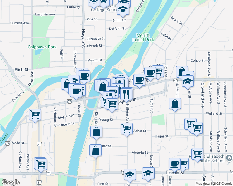 map of restaurants, bars, coffee shops, grocery stores, and more near in Welland