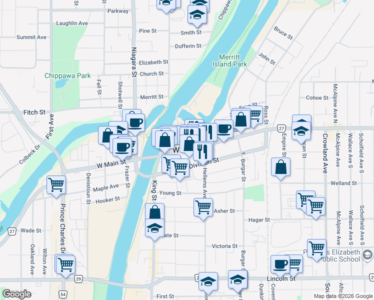 map of restaurants, bars, coffee shops, grocery stores, and more near 800 Niagara Street in Welland