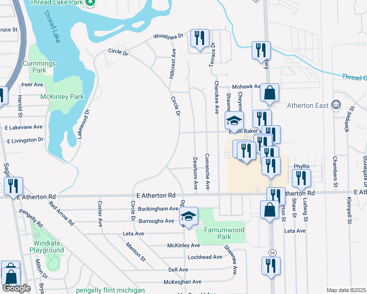 map of restaurants, bars, coffee shops, grocery stores, and more near 713 Algonquin Avenue in Flint