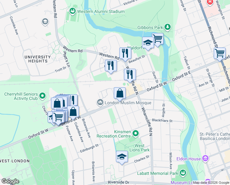 map of restaurants, bars, coffee shops, grocery stores, and more near 19 Gower Street in London