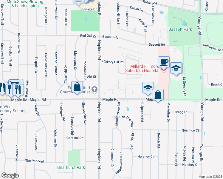 map of restaurants, bars, coffee shops, grocery stores, and more near 1350 Maple Road in Buffalo