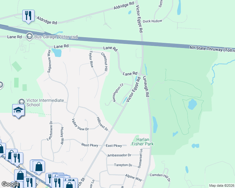 map of restaurants, bars, coffee shops, grocery stores, and more near 991 Kensington Court in Victor
