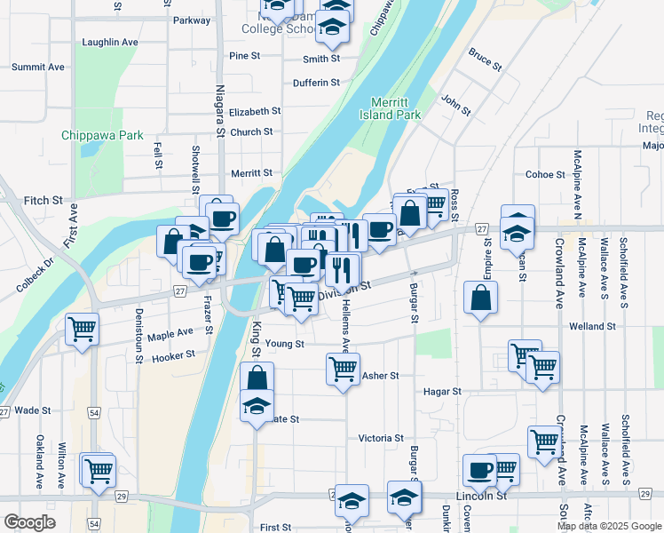 map of restaurants, bars, coffee shops, grocery stores, and more near 123 East Main Street in Welland