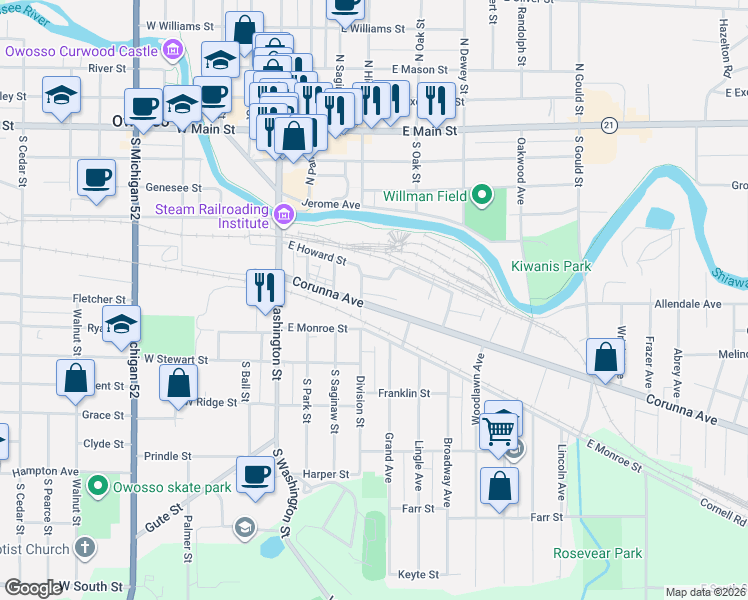 map of restaurants, bars, coffee shops, grocery stores, and more near 434 Corunna Avenue in Owosso