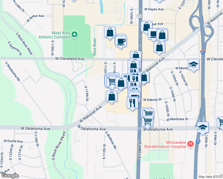 map of restaurants, bars, coffee shops, grocery stores, and more near 11108-11194 West National Avenue in West Allis