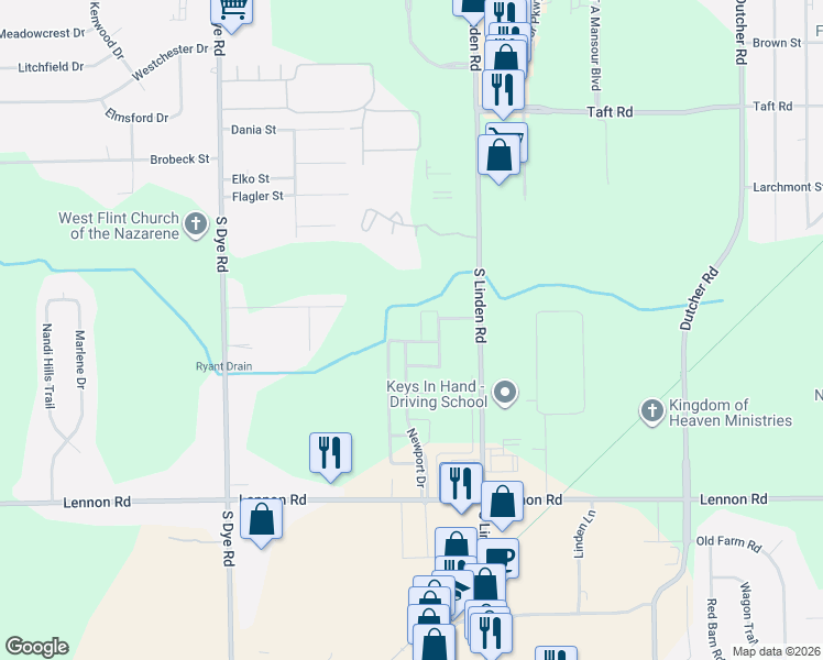 map of restaurants, bars, coffee shops, grocery stores, and more near 3200 Wimbleton Drive in Flint