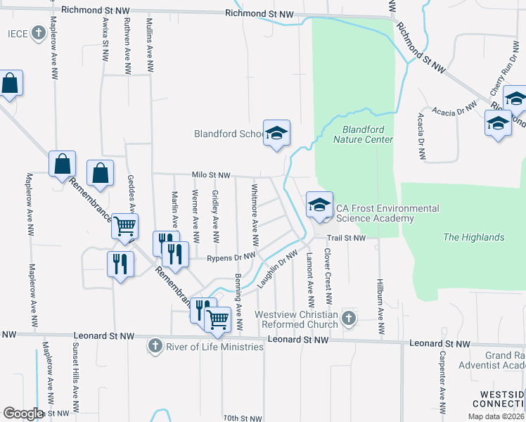 map of restaurants, bars, coffee shops, grocery stores, and more near 1469 Whitmore Avenue Northwest in Grand Rapids