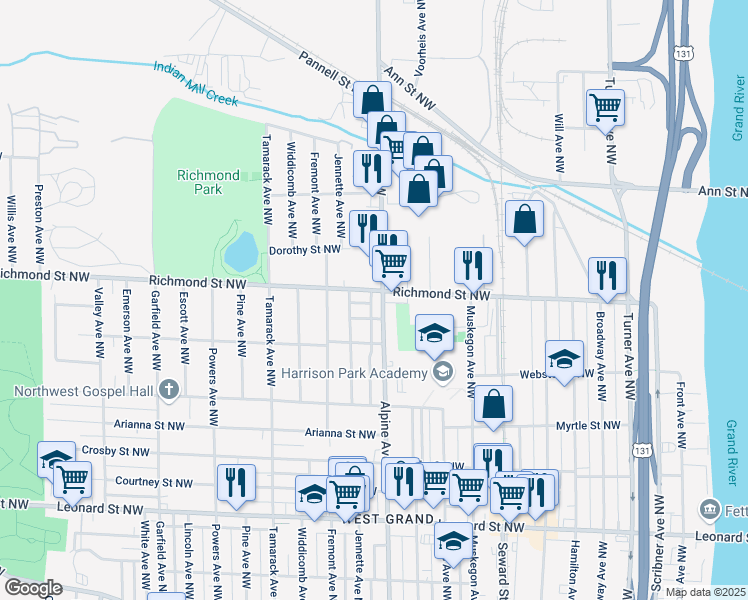 map of restaurants, bars, coffee shops, grocery stores, and more near 818 Norbert Street Northwest in Grand Rapids