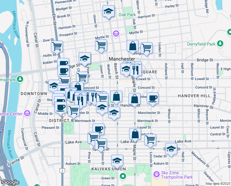 map of restaurants, bars, coffee shops, grocery stores, and more near 509 New Hampshire 28 in Manchester