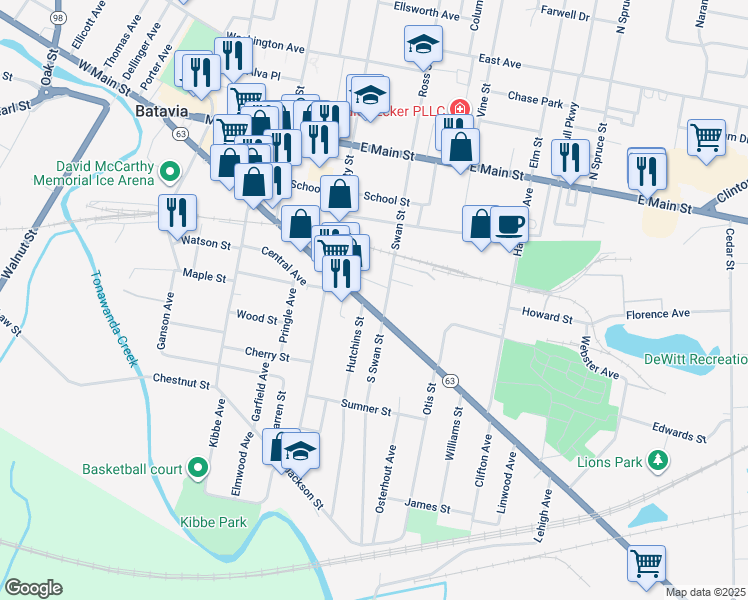 map of restaurants, bars, coffee shops, grocery stores, and more near 336 Ellicott Street in Batavia