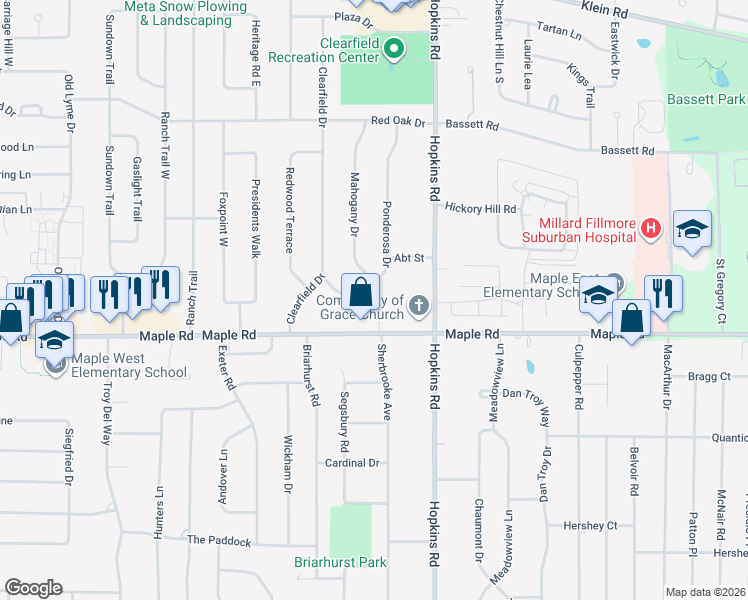 map of restaurants, bars, coffee shops, grocery stores, and more near 1204 Maple Road in Buffalo