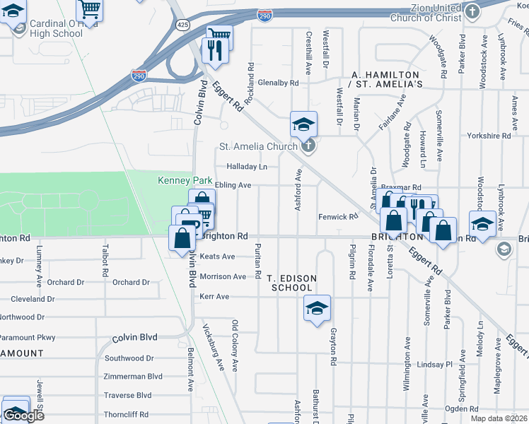 map of restaurants, bars, coffee shops, grocery stores, and more near 654 Brighton Road in Tonawanda