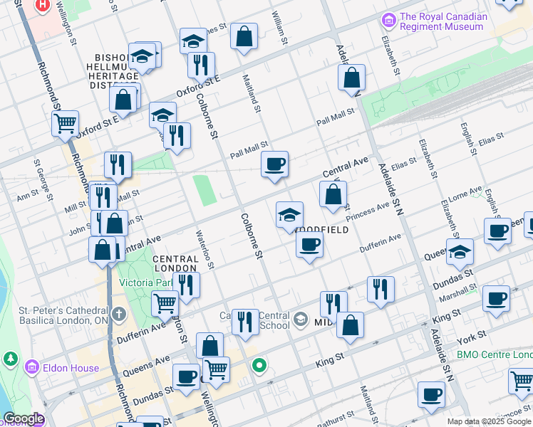 map of restaurants, bars, coffee shops, grocery stores, and more near 550 Colborne Street in London