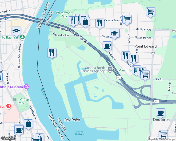 map of restaurants, bars, coffee shops, grocery stores, and more near 1500 Venetian Boulevard in Point Edward