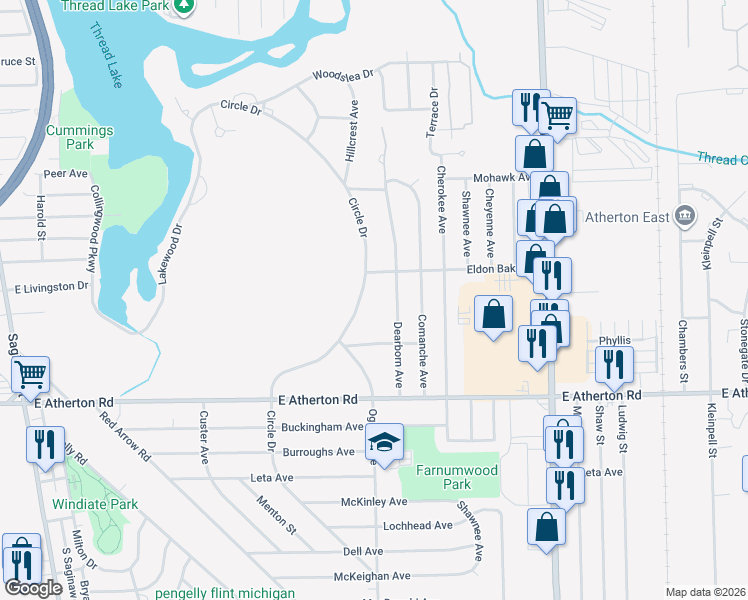 map of restaurants, bars, coffee shops, grocery stores, and more near 713 Algonquin Avenue in Flint