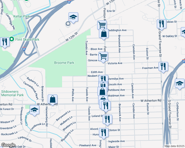 map of restaurants, bars, coffee shops, grocery stores, and more near 1122 Vermilya Avenue in Flint