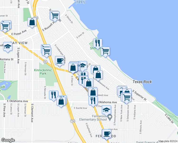 map of restaurants, bars, coffee shops, grocery stores, and more near 2893 South Delaware Avenue in Milwaukee