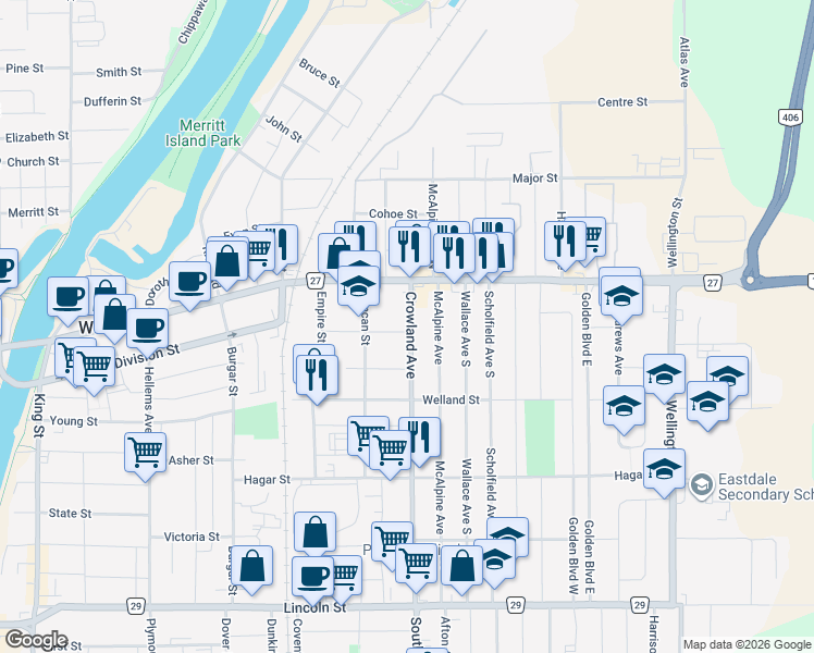 map of restaurants, bars, coffee shops, grocery stores, and more near 37 Crowland Avenue in Welland
