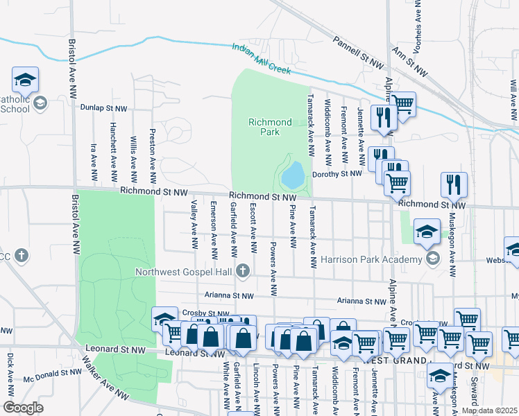 map of restaurants, bars, coffee shops, grocery stores, and more near 1518 Escott Avenue Northwest in Grand Rapids